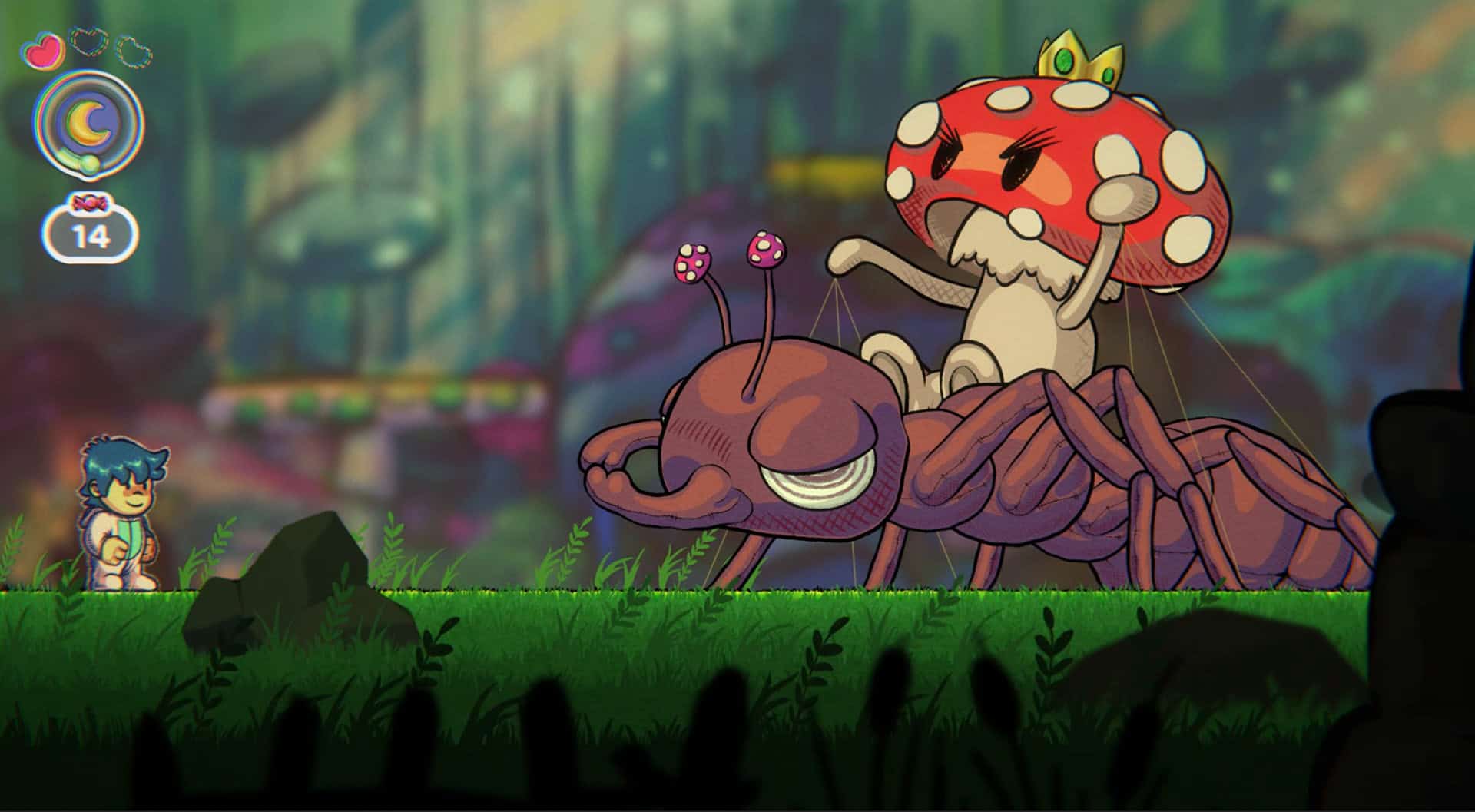 Little Nemo facing a boss fight against a giant ant with a mushroom on its back.