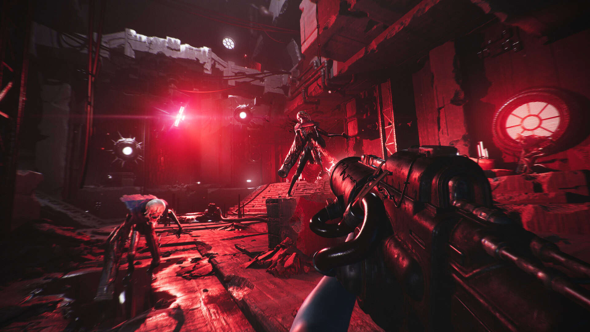 Protagonist holding a gun in a bright red room filled with enemies