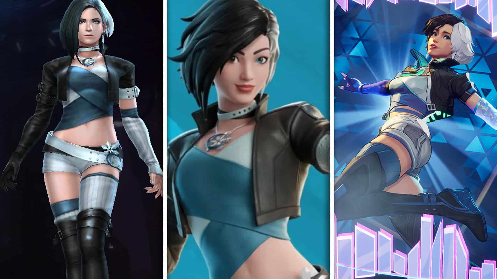 Luna Snow side by side comparisons of her appearance in Marvel Future Fight, Fortnite, Rivals