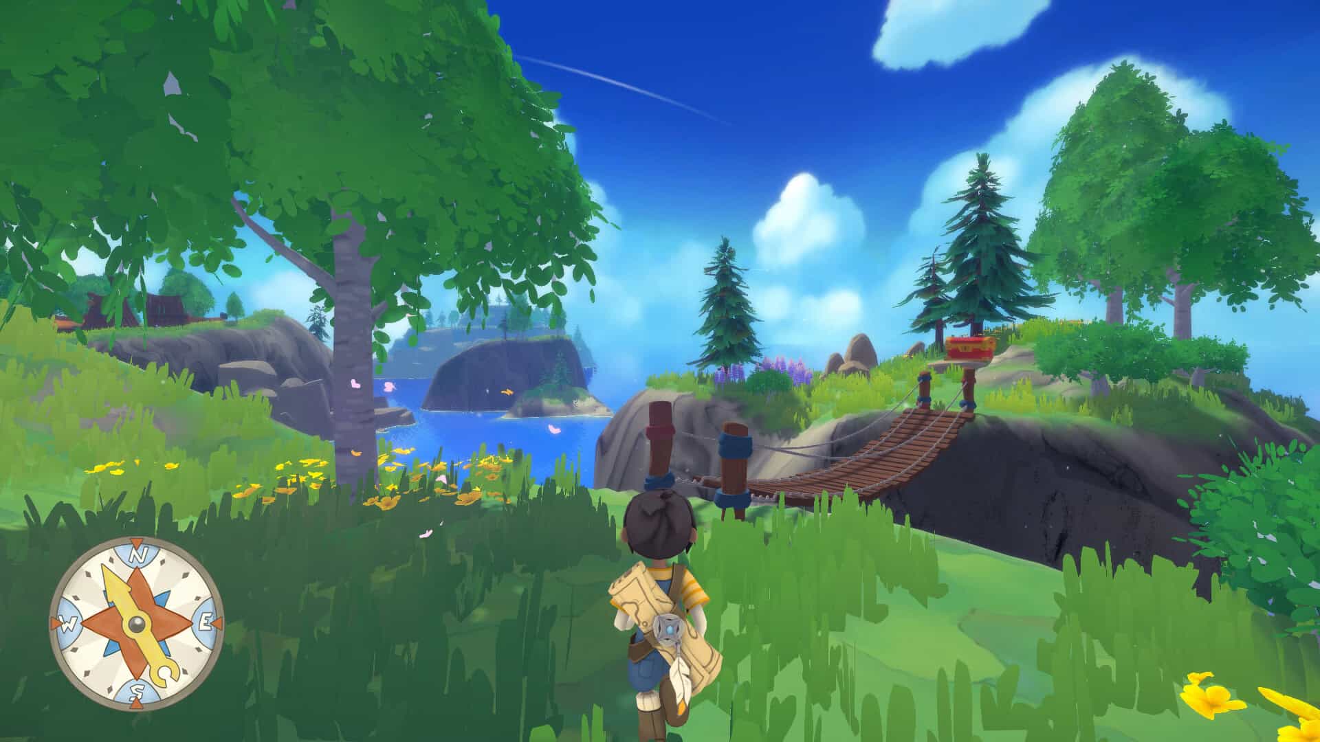The main character walking towards a wooden bridge on a grassy island