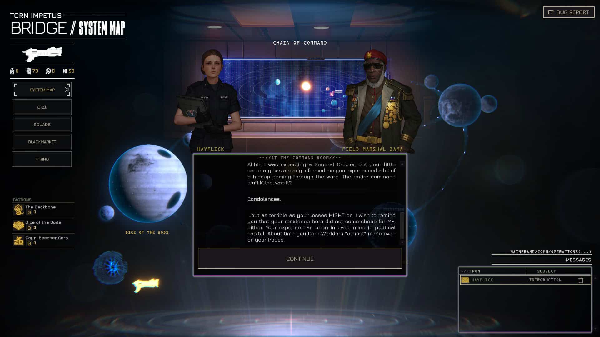 A conversation being held between the player and two other characters; there is a holographic representation of a star system behind them