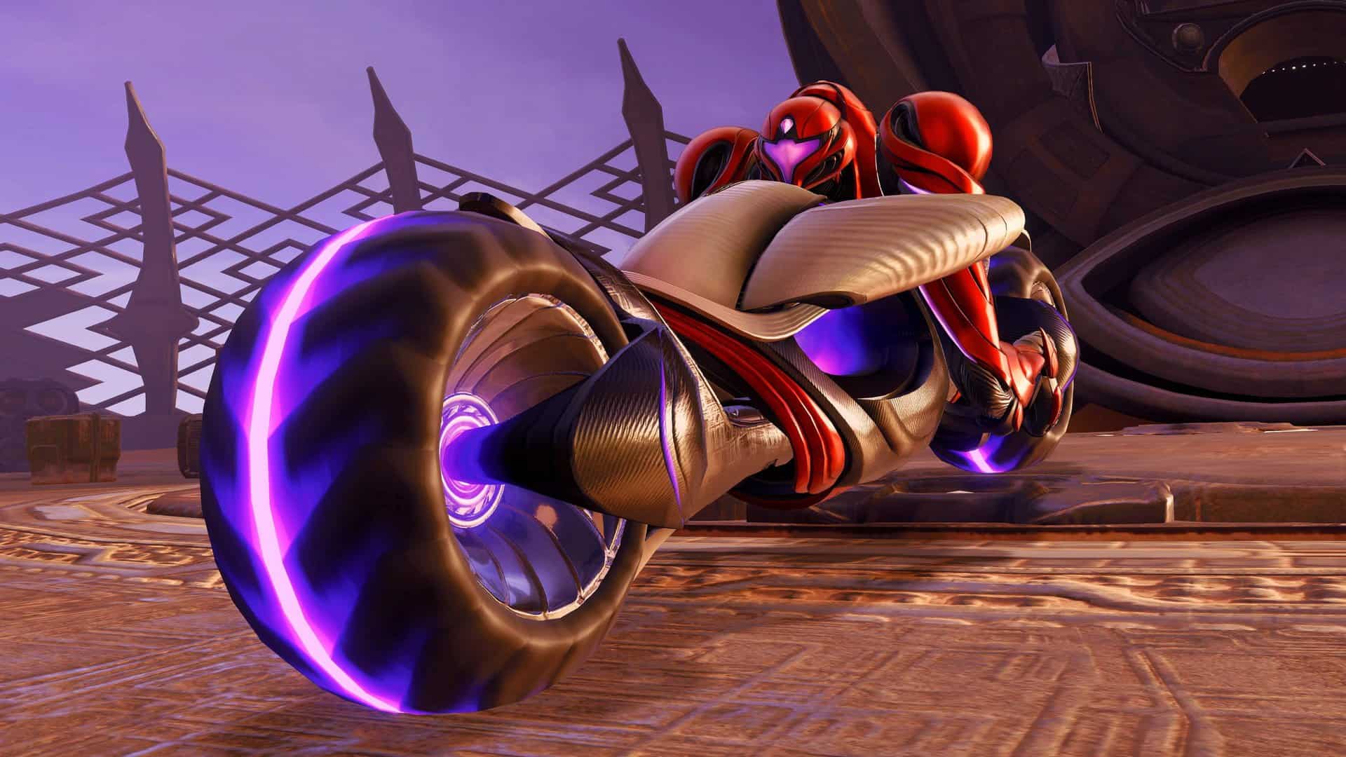 Metroid Prime 4 screenshot showing Samus on her futuristic motorbike