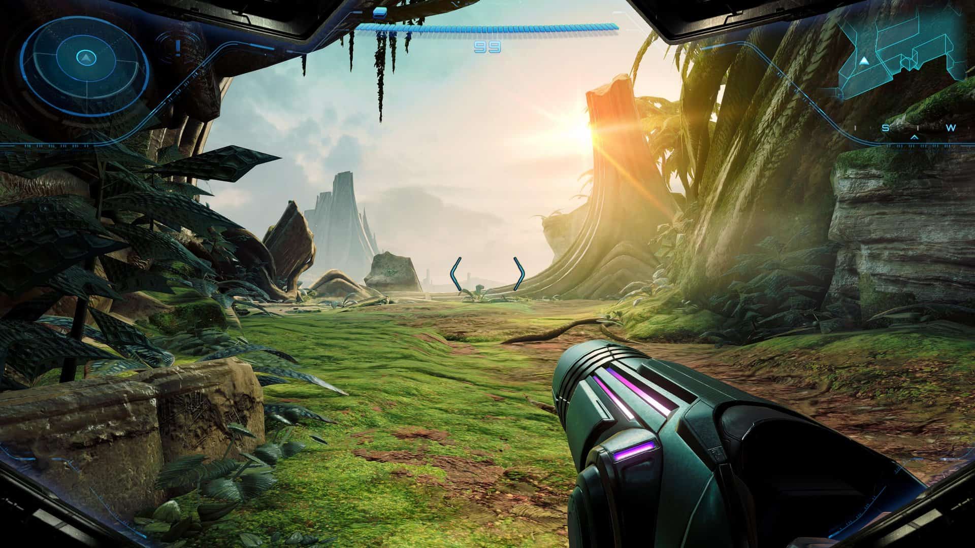 Metroid Prime 4 screenshot showing a lush green landscape with a lens flare from the sunlight on the camera