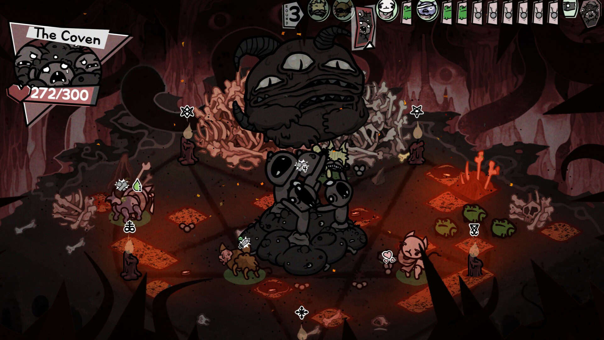 A demonic cat demon watches over as many cat like creatures play.