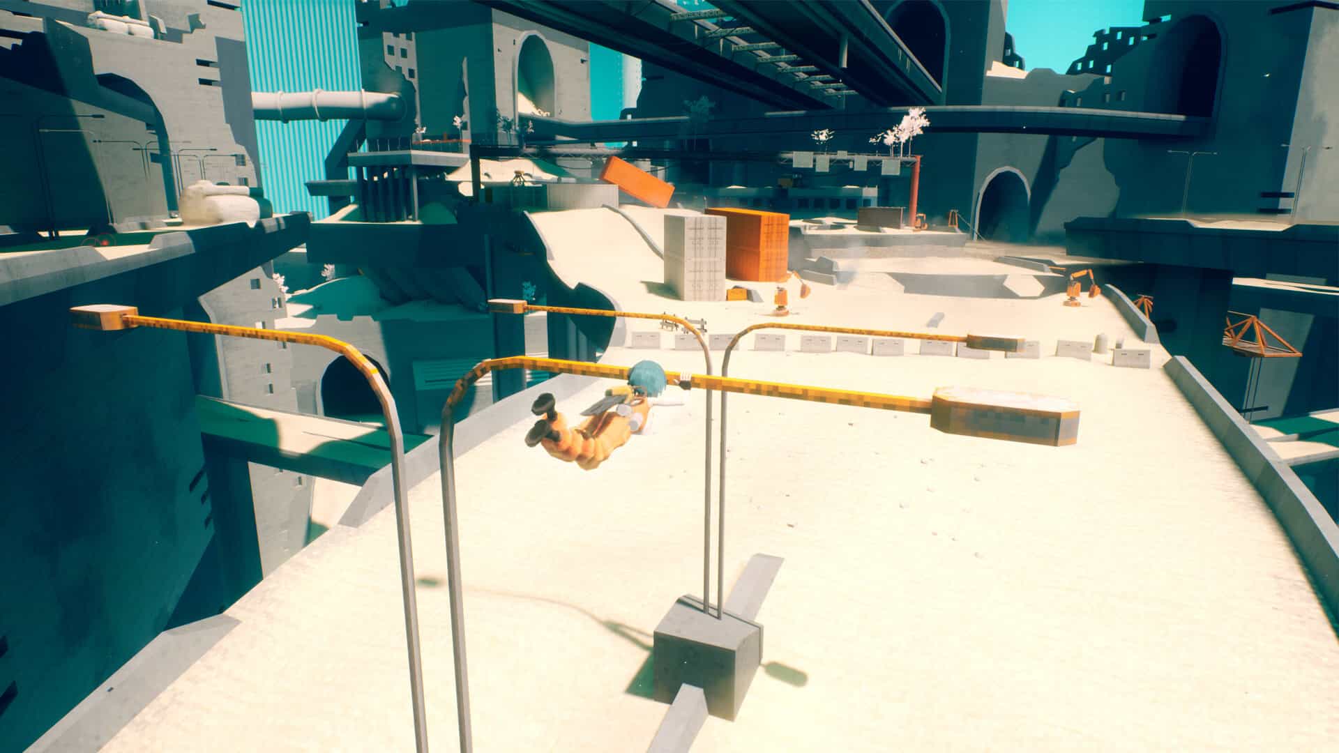 P, the protagonist of MotorSlice, swinging from a light towards a huge, open construction site