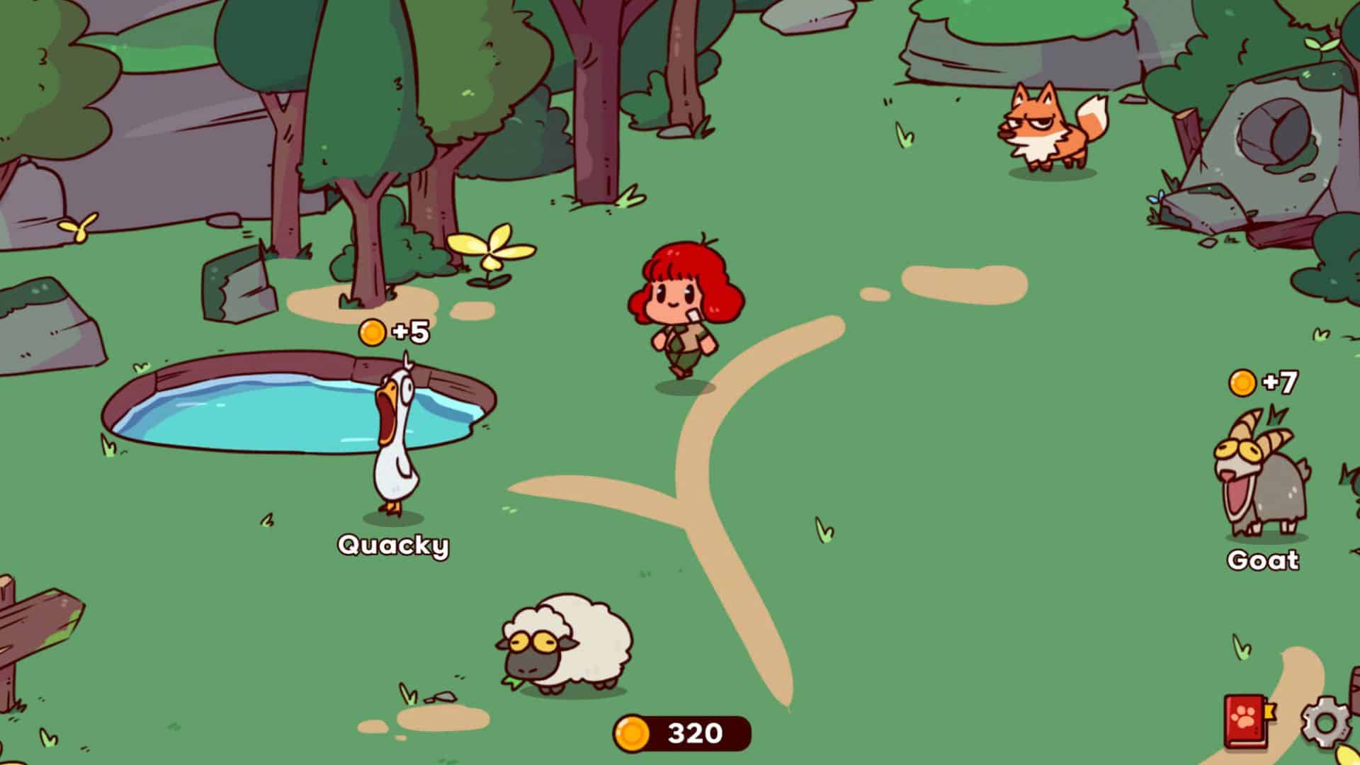 The player character, walks around her zoo where we see a duck, a sheep, and a fox.