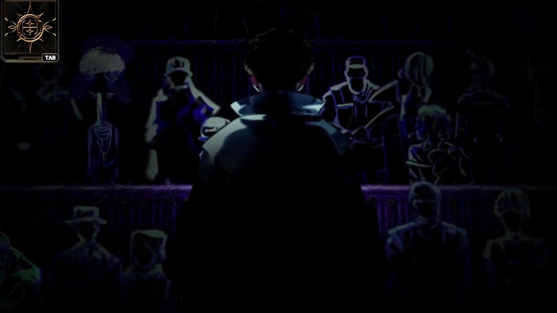 The protagonist standing in front of a crowd