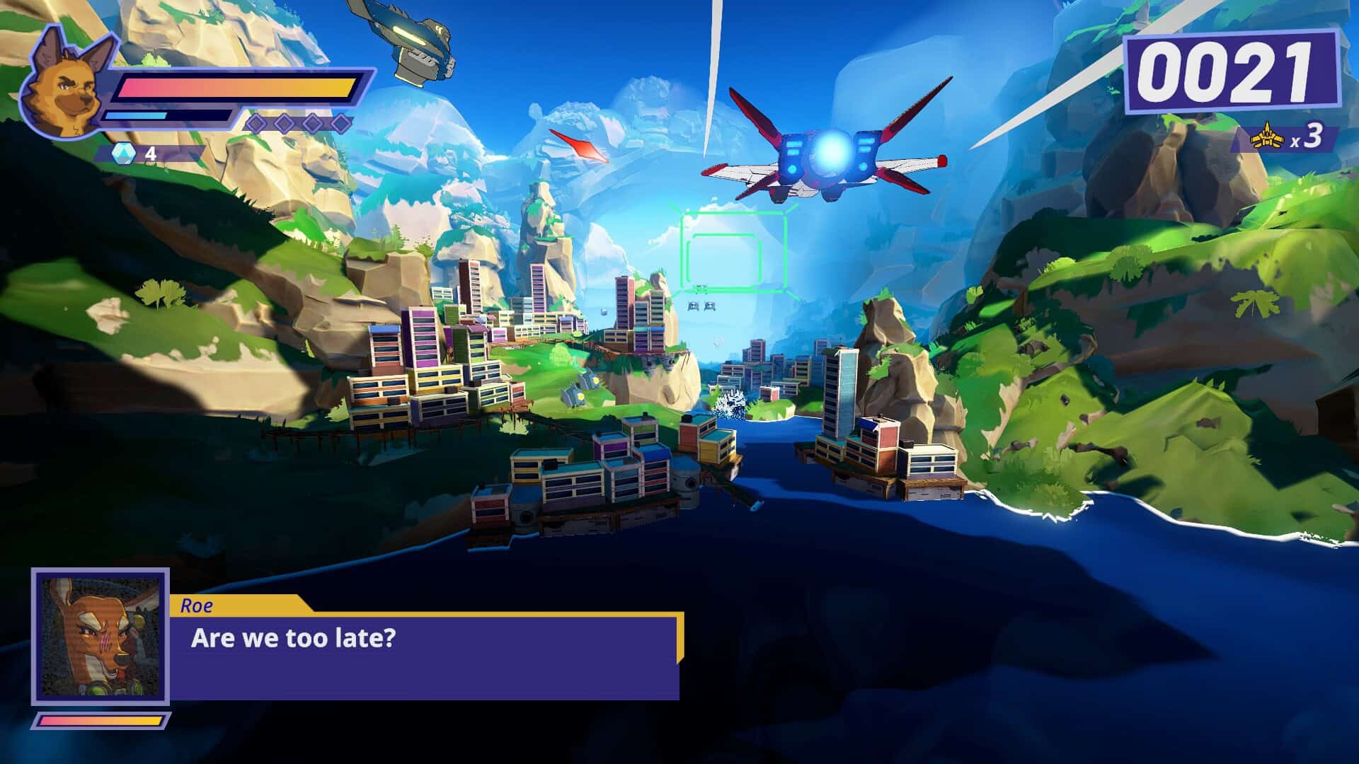 A spaceship flying into a mountainside city, Roe in the corner asking whether they arrived too late