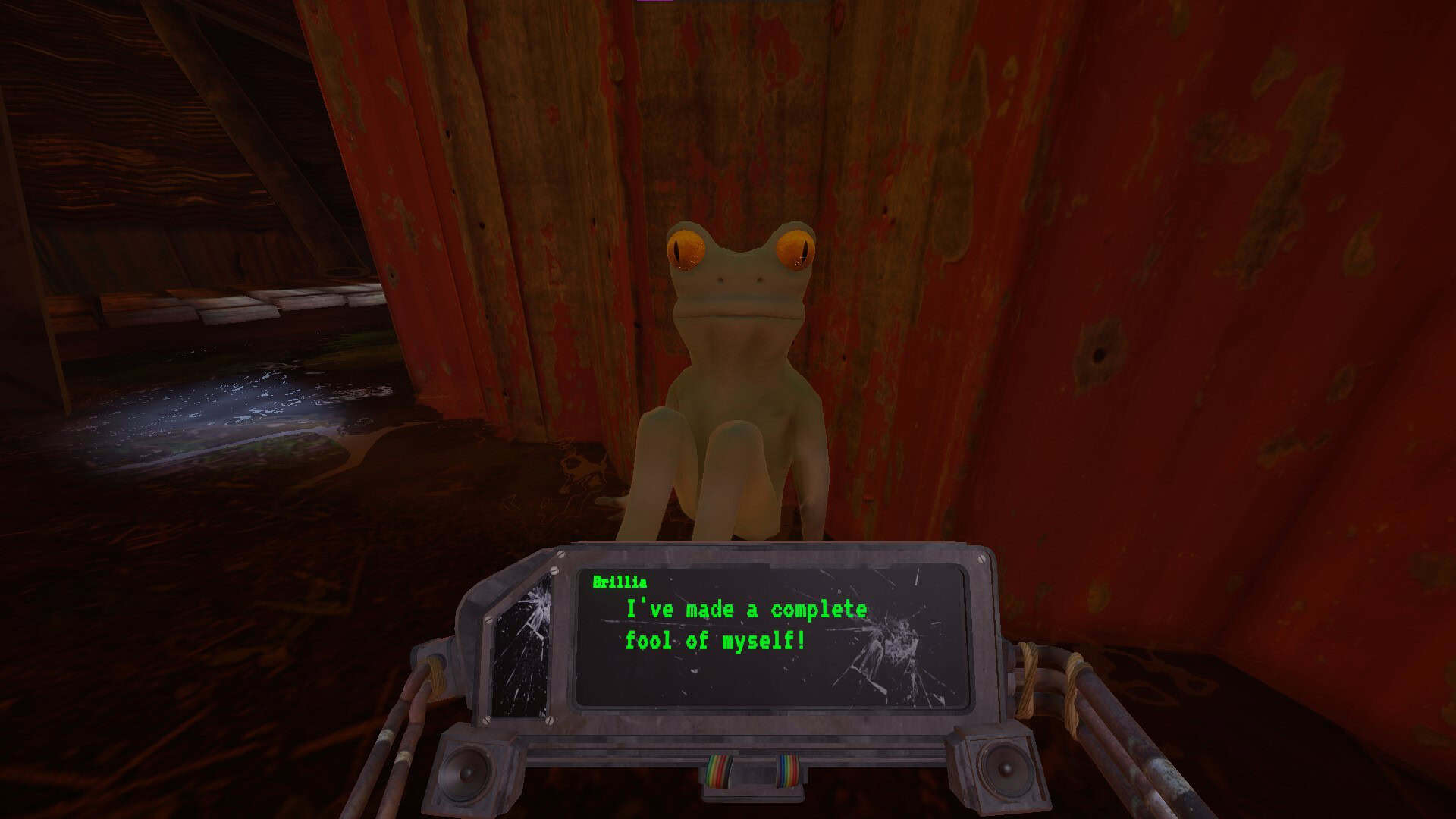 A sitting frog, text underneath on a broken up device reads "I've made a complete fool of myself"