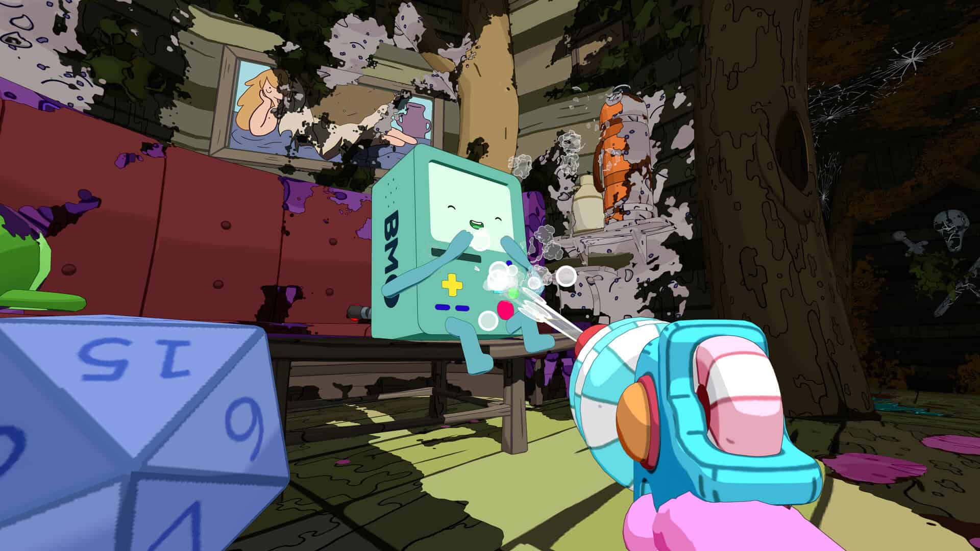 A screenshot from PowerWash Simulator 2's Adventure Time DLC showing the player cleaning BMO with their animated power washer