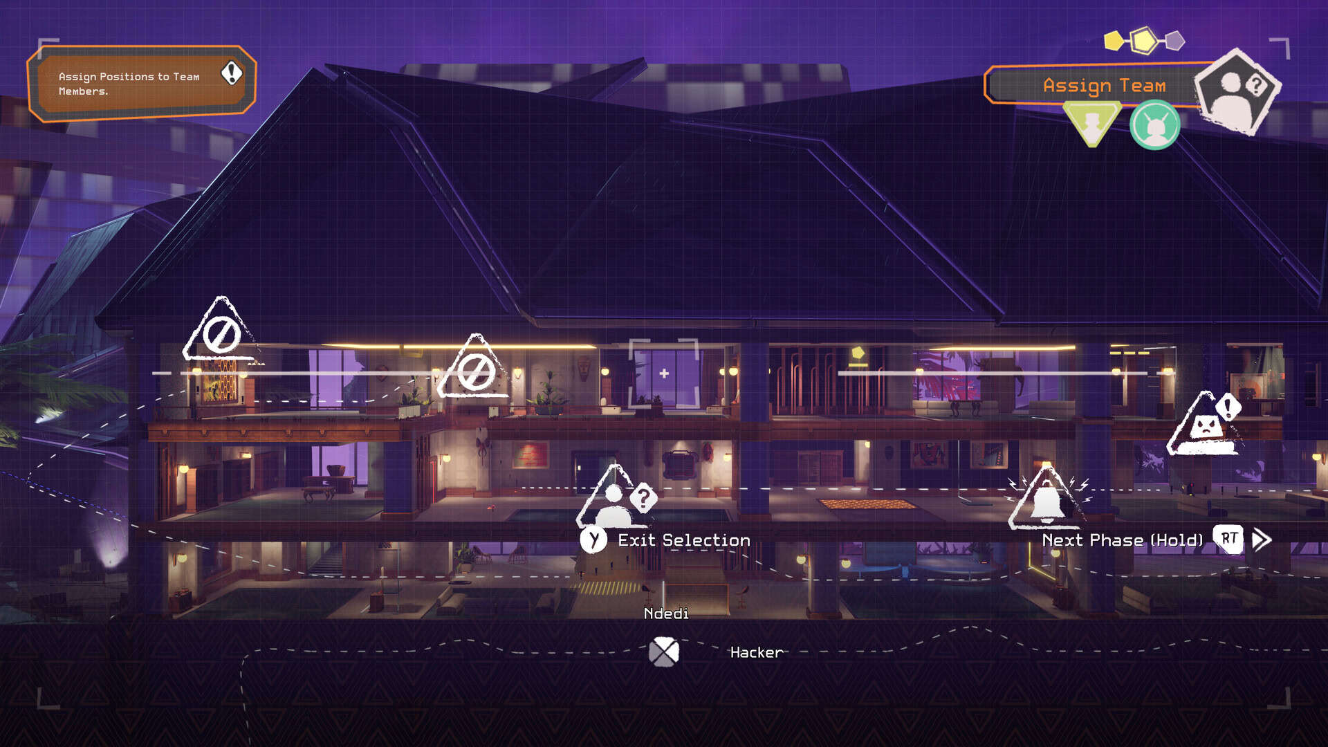 A 2d side view of a building with icons indicating it's about to be robbed.