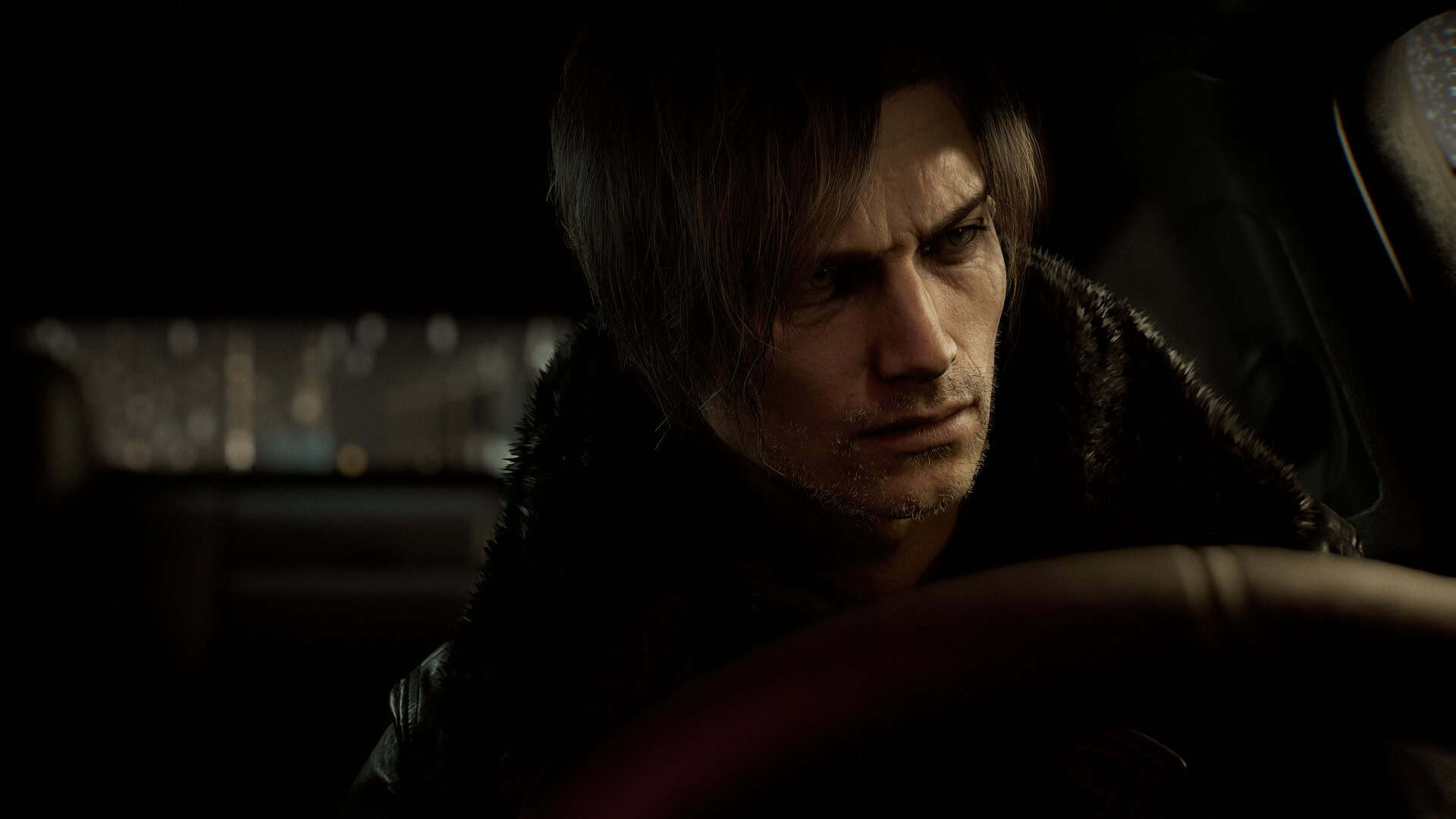 A screenshot of Leon driving a car in Resident Evil Requiem