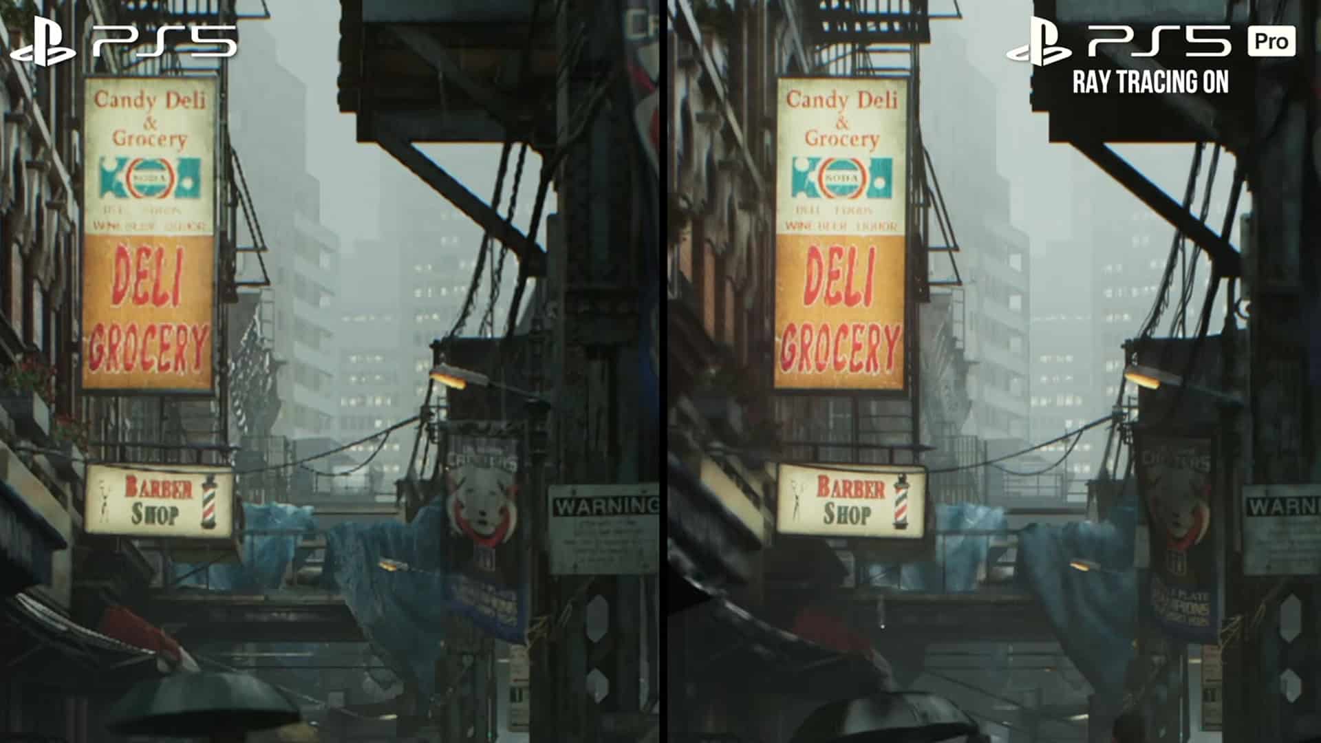 A side-by-side comparison image of Resident Evil Requiem running on PS5 and PS5 Pro, with the latter being sharper. Image from Digital Foundry.