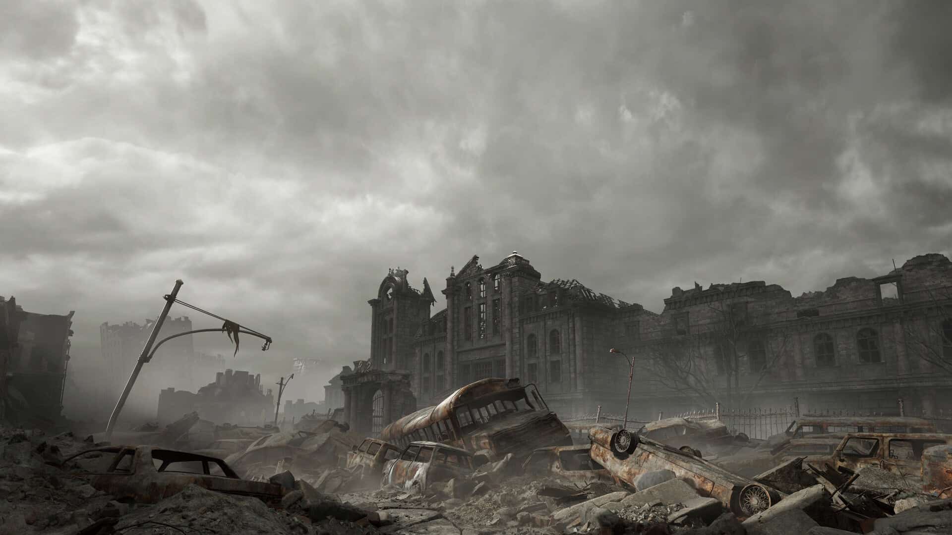 A desolated and ruined city environment in Resident Evil Requiem.