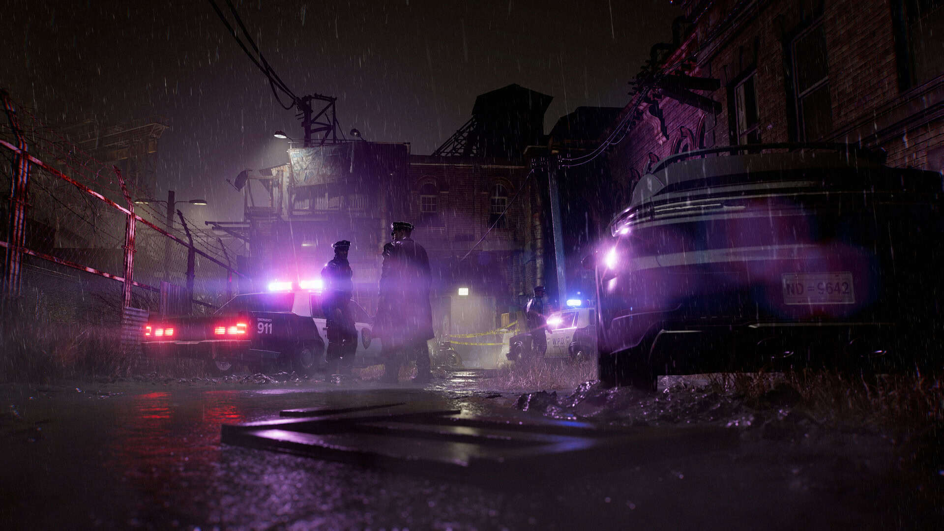 A screenshot of police investigating in Resident Evil Requiem, with cars lighting up the streets in a purple, red and blue glow