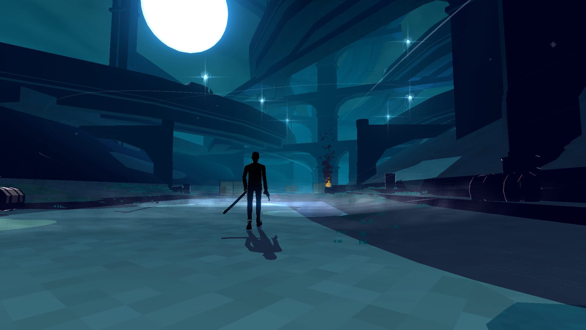 A man in a suit with a katana on his side walking towards a big structure, full moon above