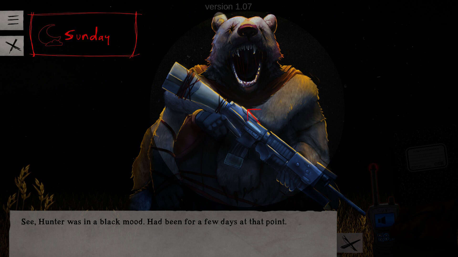 A man in a bear skin suit holding a gun, his face invisible. Text underneath describes he's in a foul mood.