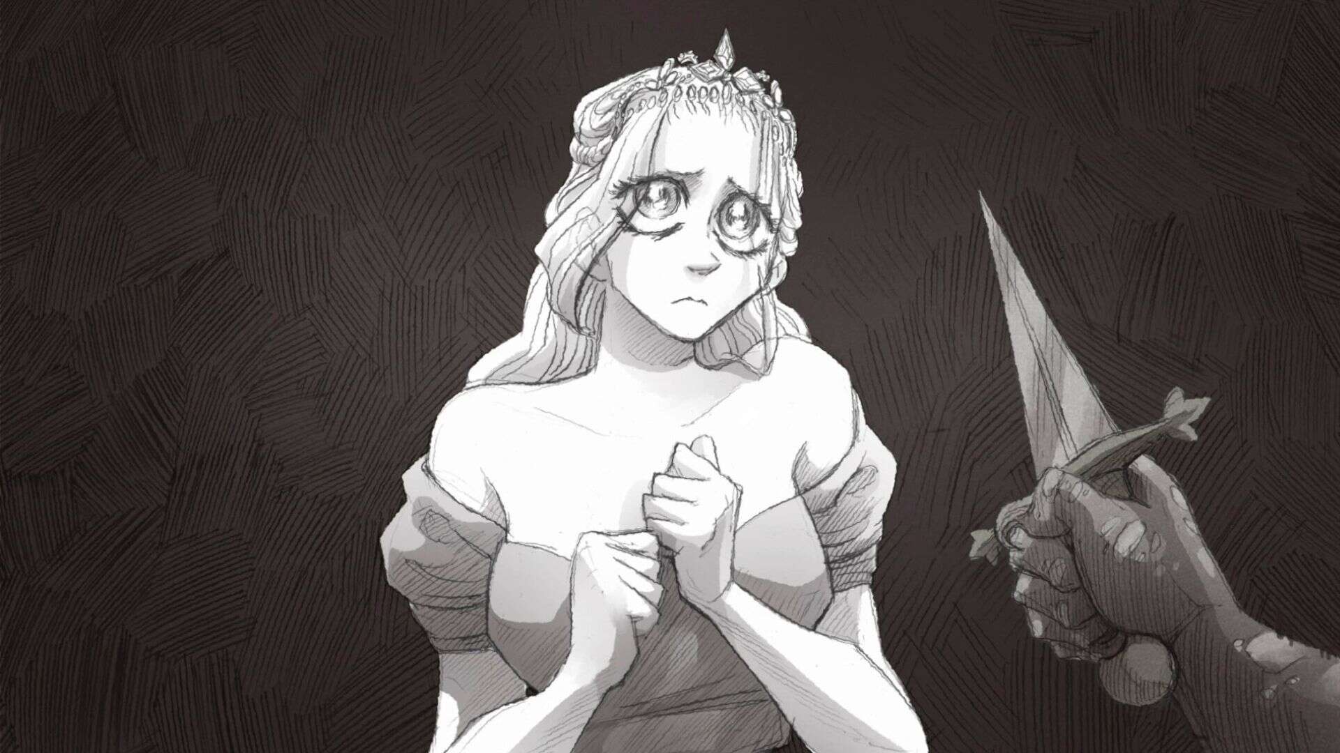 A sad and scared looking princess facing the player-character, holding a knife.