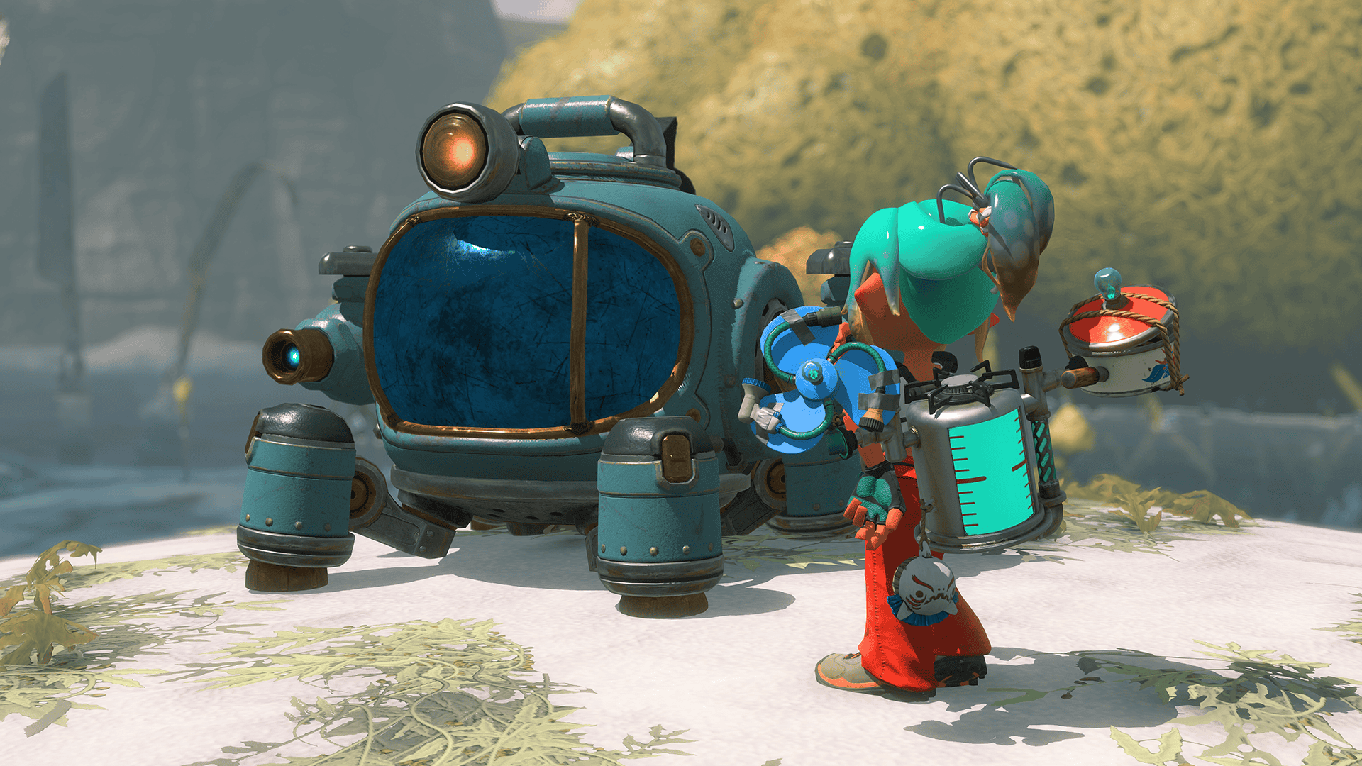 Splatoon Raiders screenshot showing the mechanic protagonist in front of a deep-sea exploration machine.