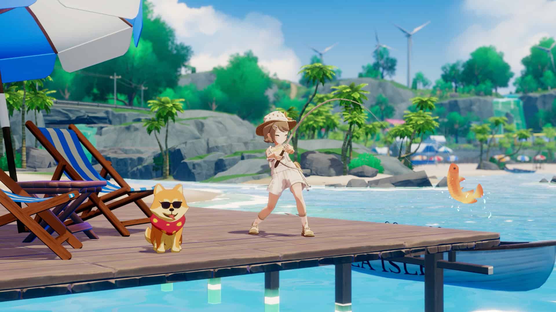 A cool dog with sunglasses stands on a dock watching a human girl fishing.