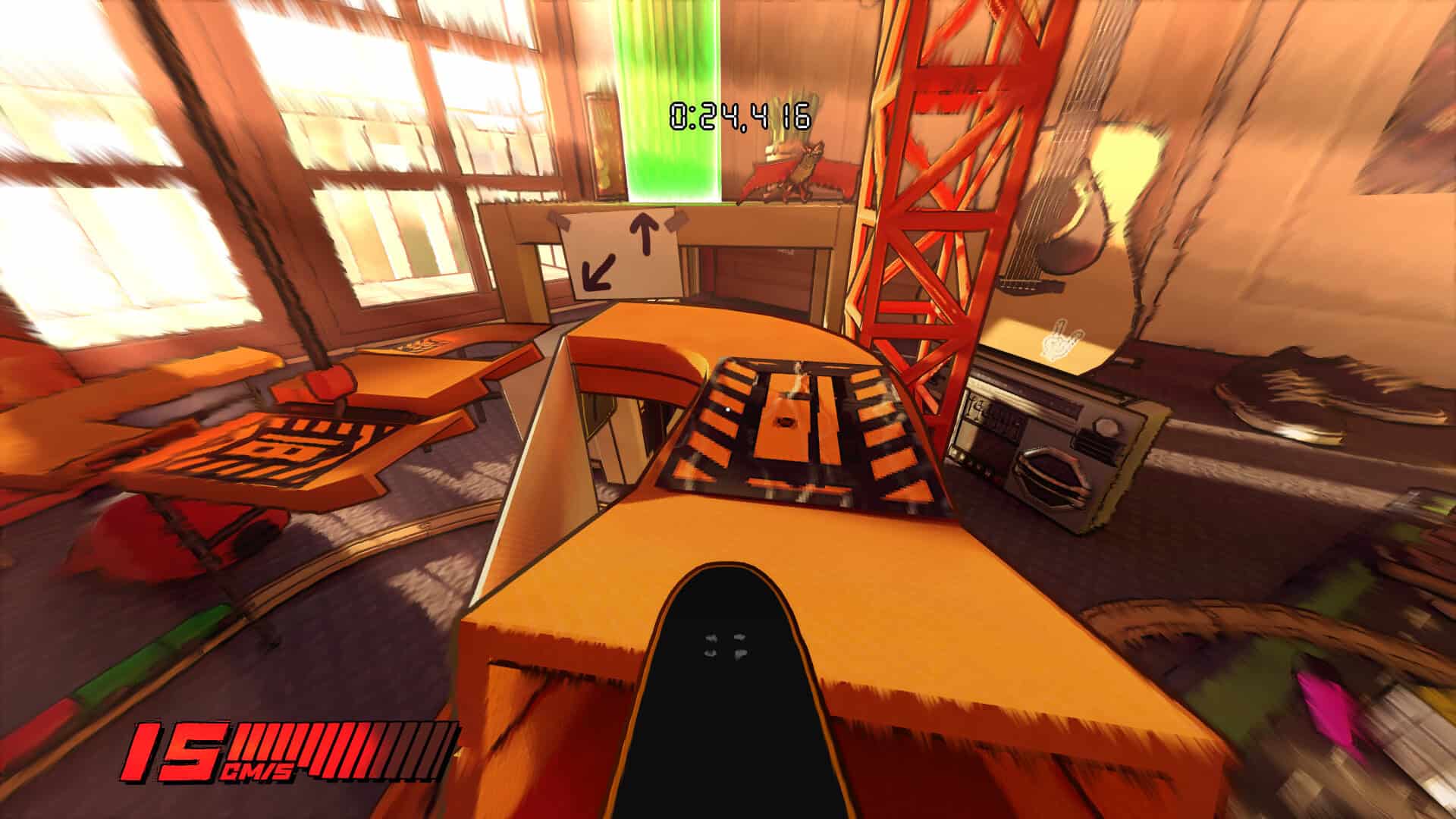 A skatekboard dashing towards a racetrack inside an apartment, consisting of cardboard and everyday items