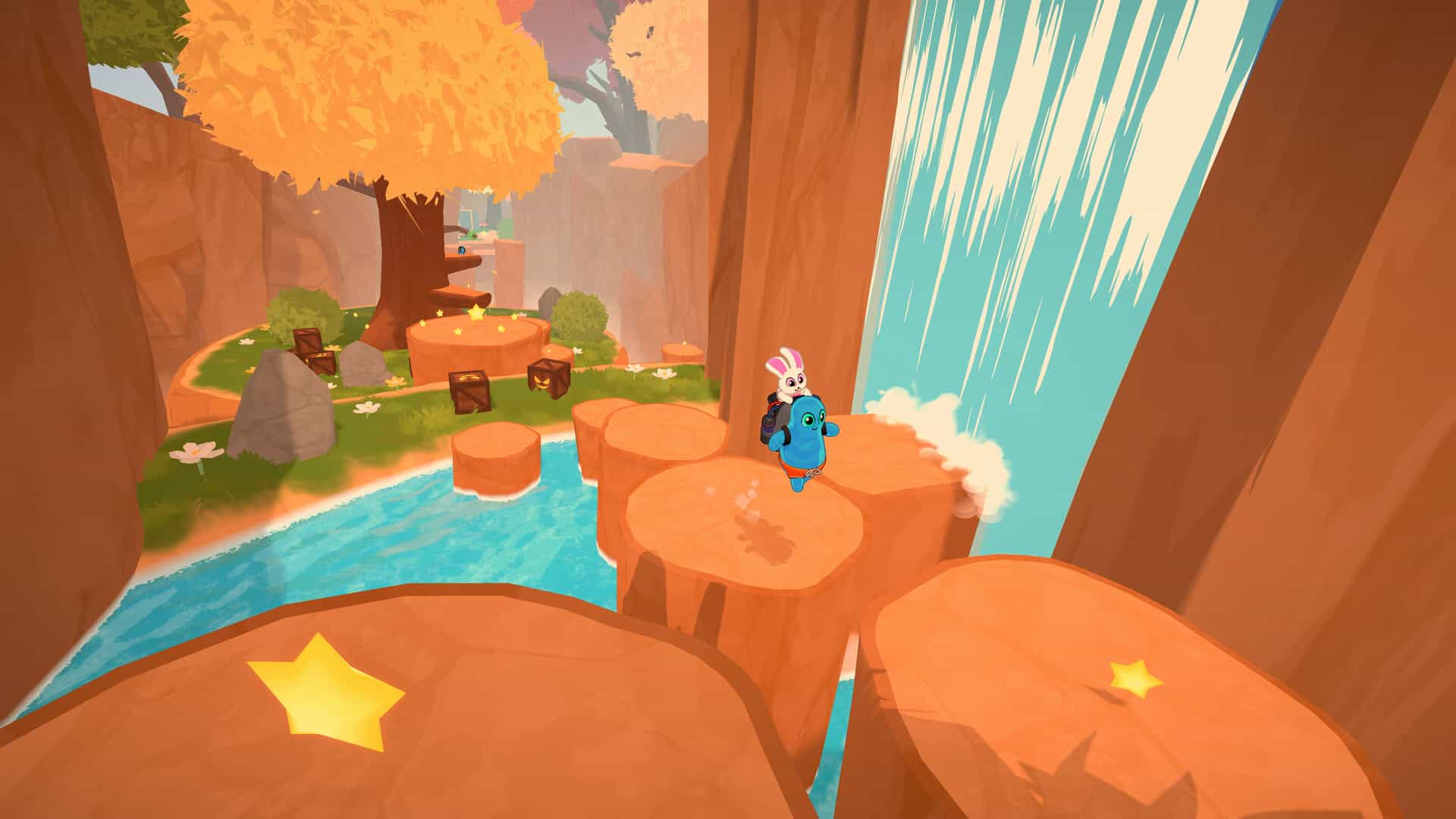 Teeto jumping on wood platforms with stars on them