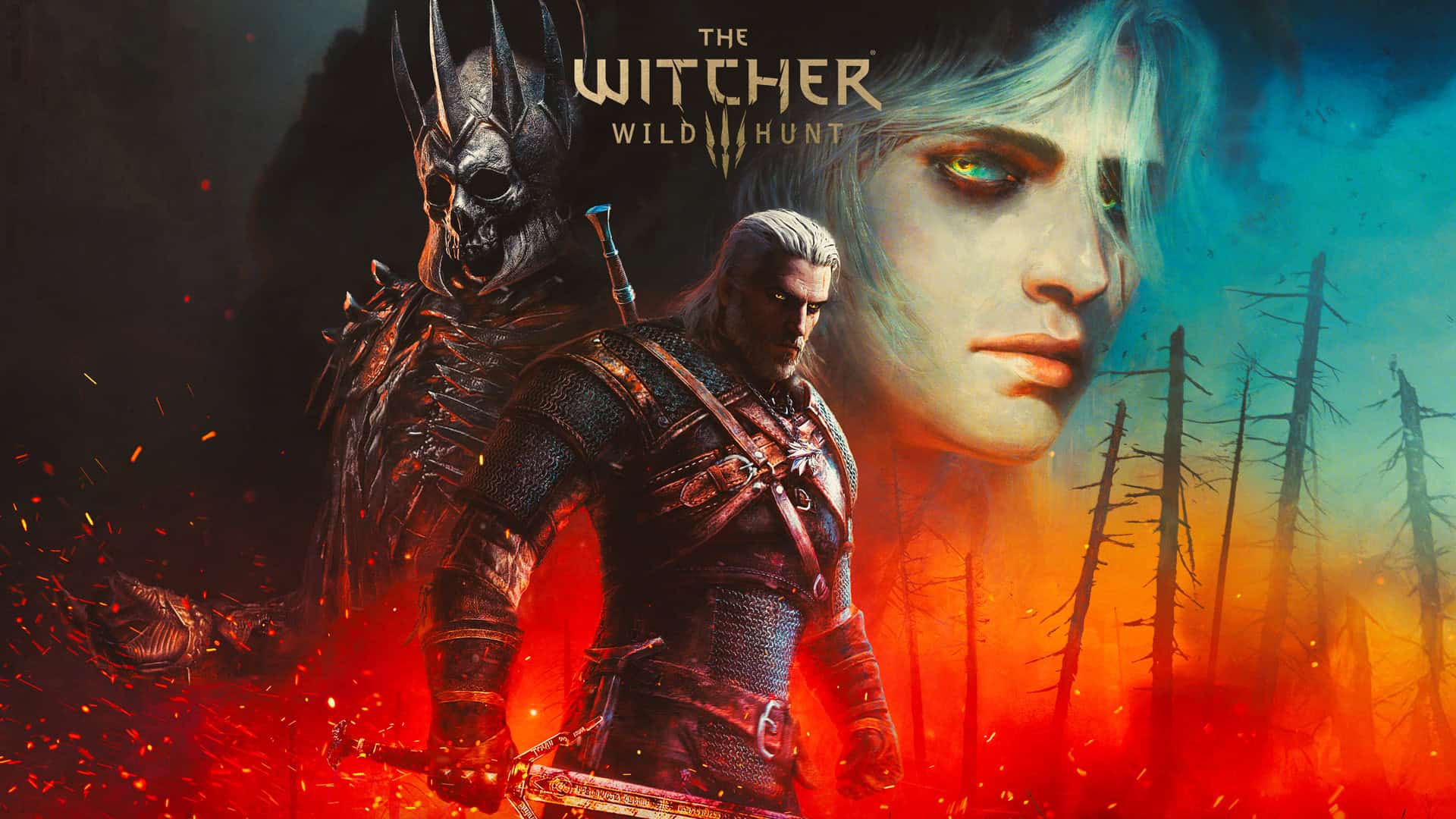 The Witcher 3 10 year anniversary artwork featuring Ciri in the background, Geralt in the foreground, and Eredin looming to the side