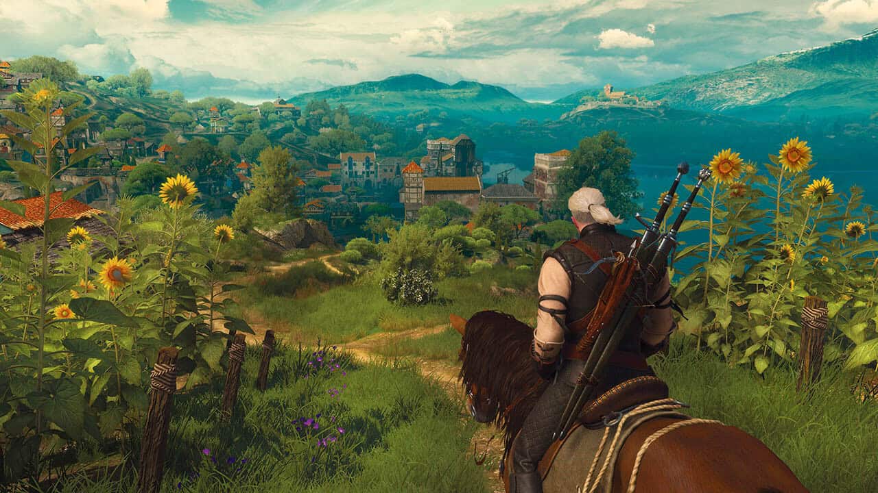 The Witcher 3 Blood and Wine screenshot showing Geralt in a sunflower garden