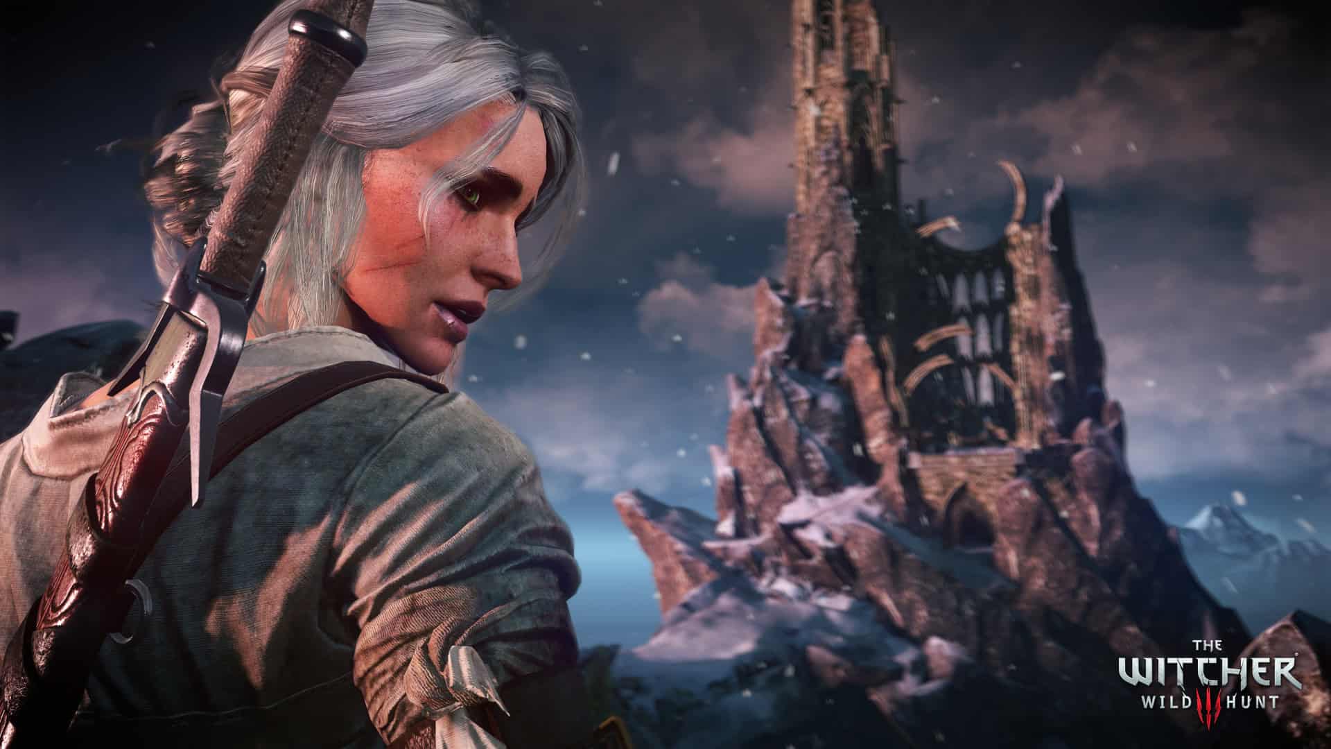 The Witcher 3 screenshot showing Ciri facing a mountain