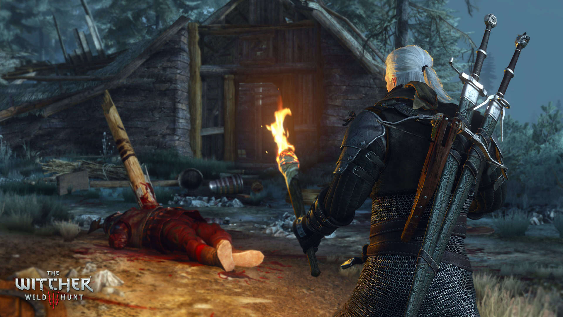 The Witcher 3 screenshot showing a body having been impaled into the ground