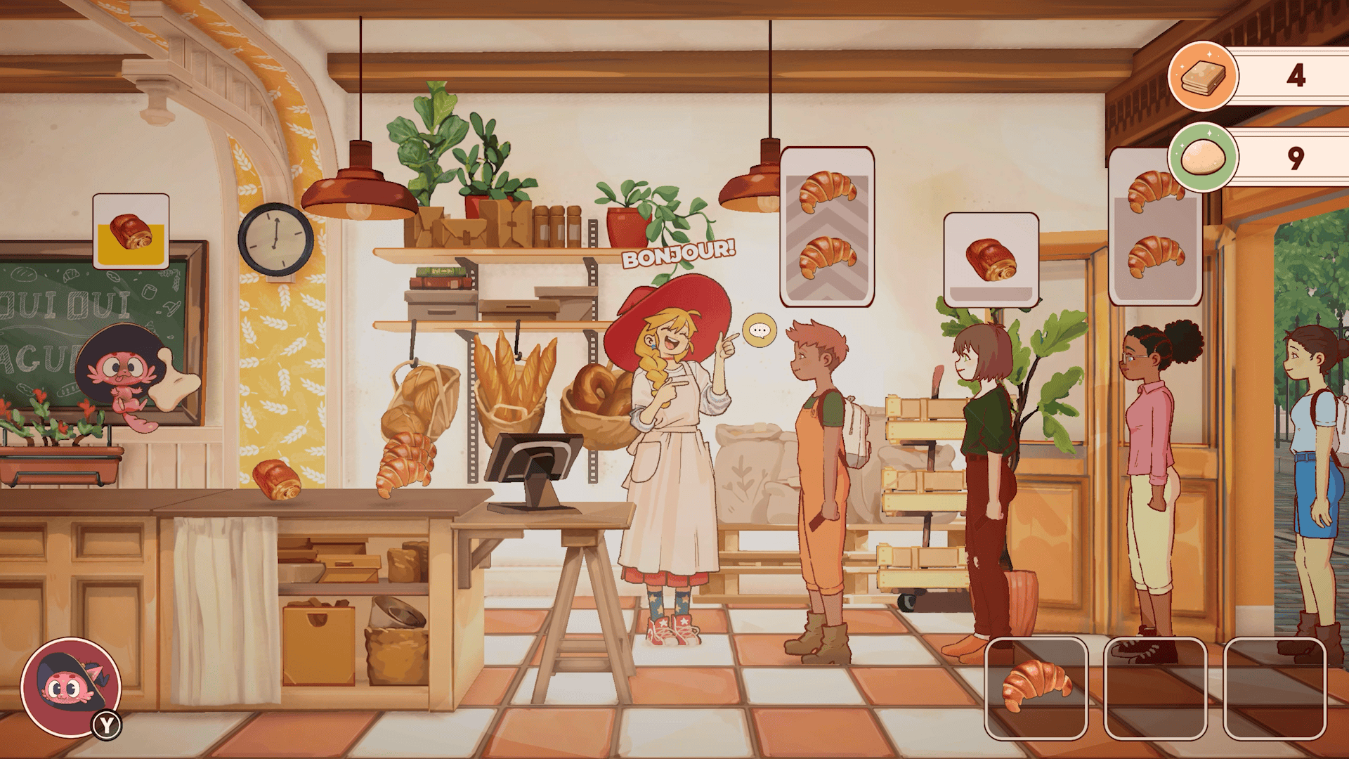 The main character saying "Bonjour" to clients inside her bakery