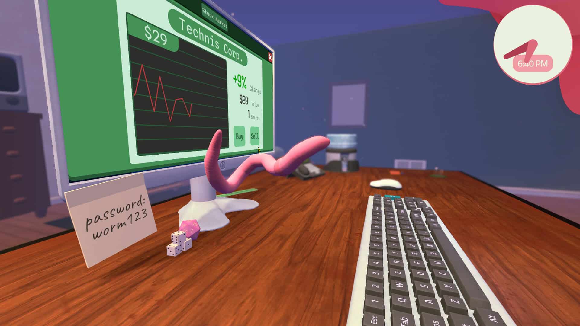 A worm jumping in front of a computer screen and a keyboard