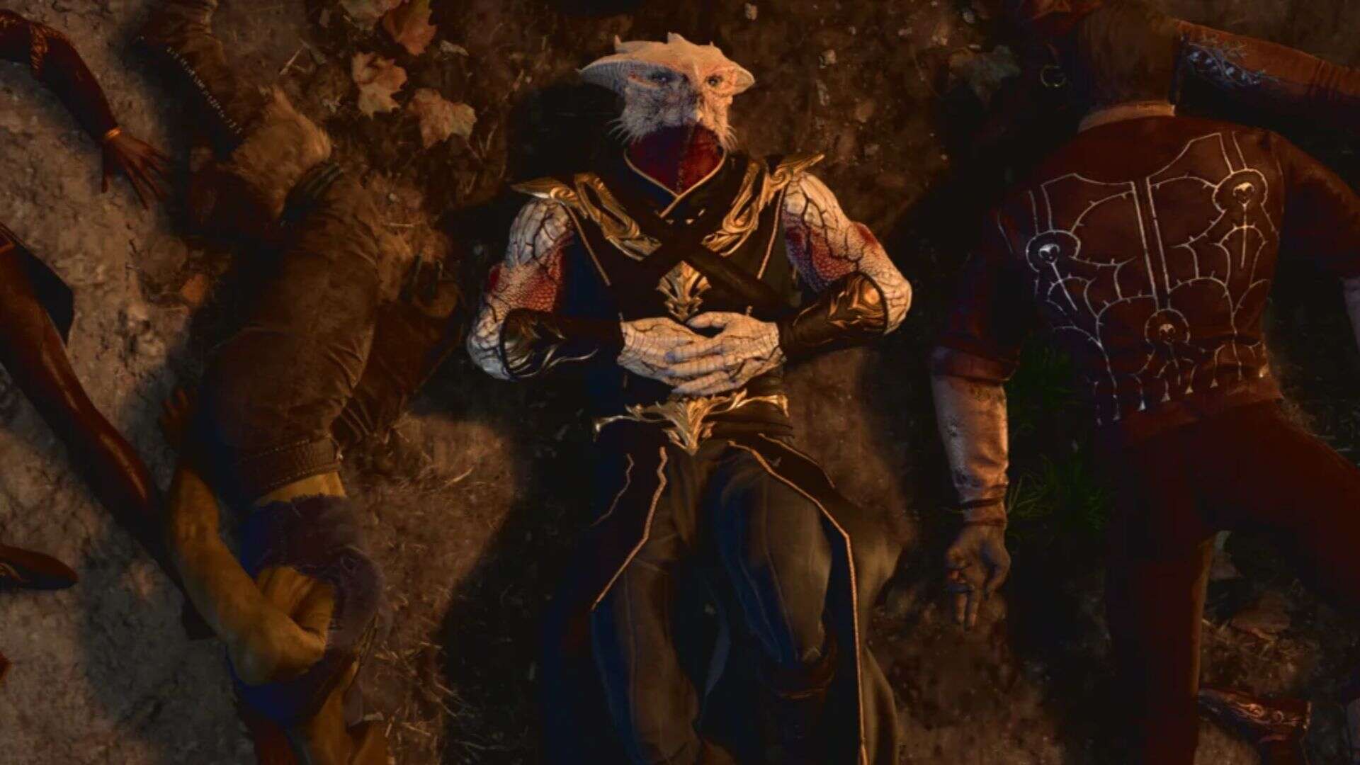 The canon Dark Urge character laying amongst slain foes. 