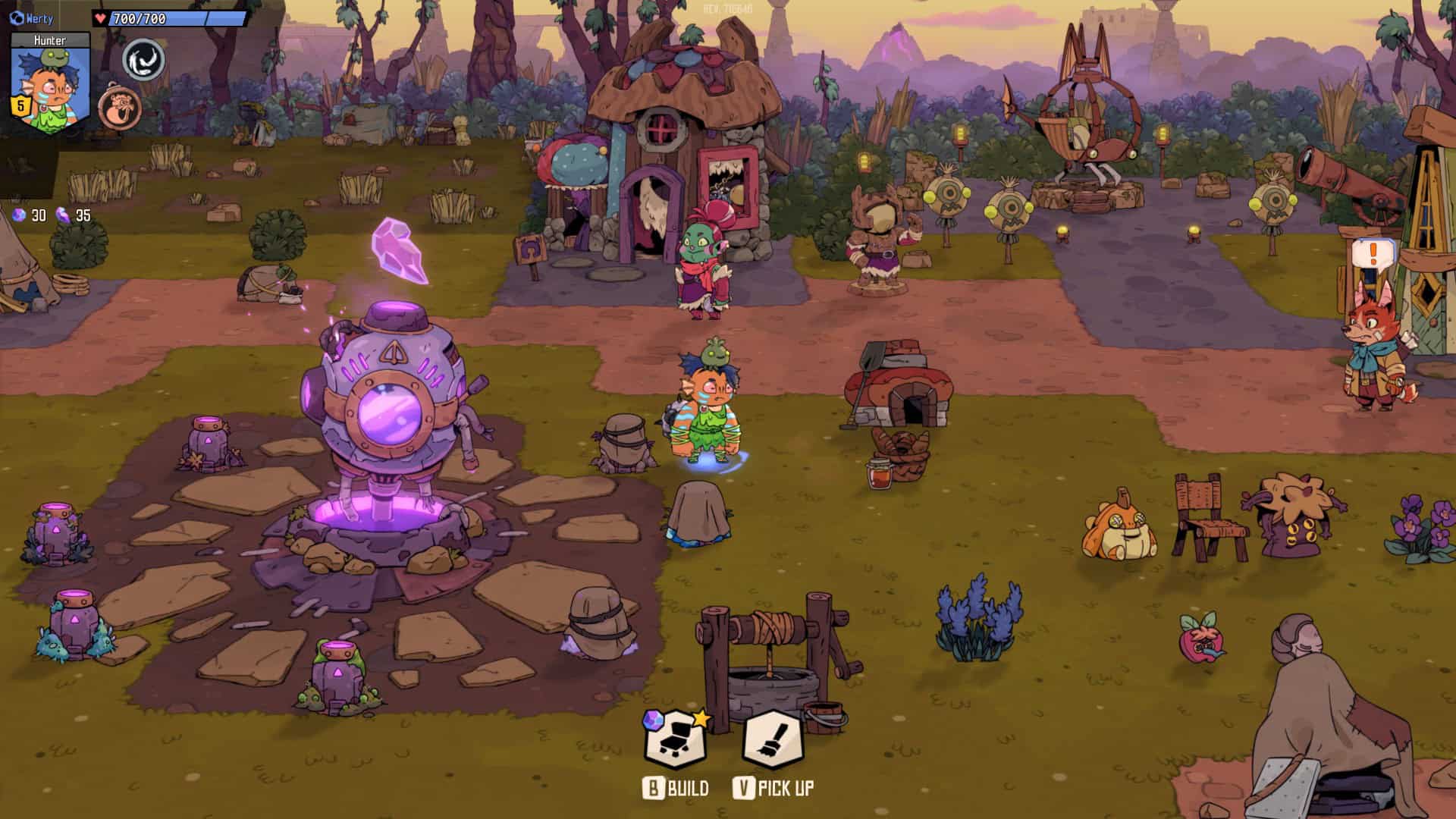 A camp filled with plushies, furniture and characters, with a purple machine in the middle
