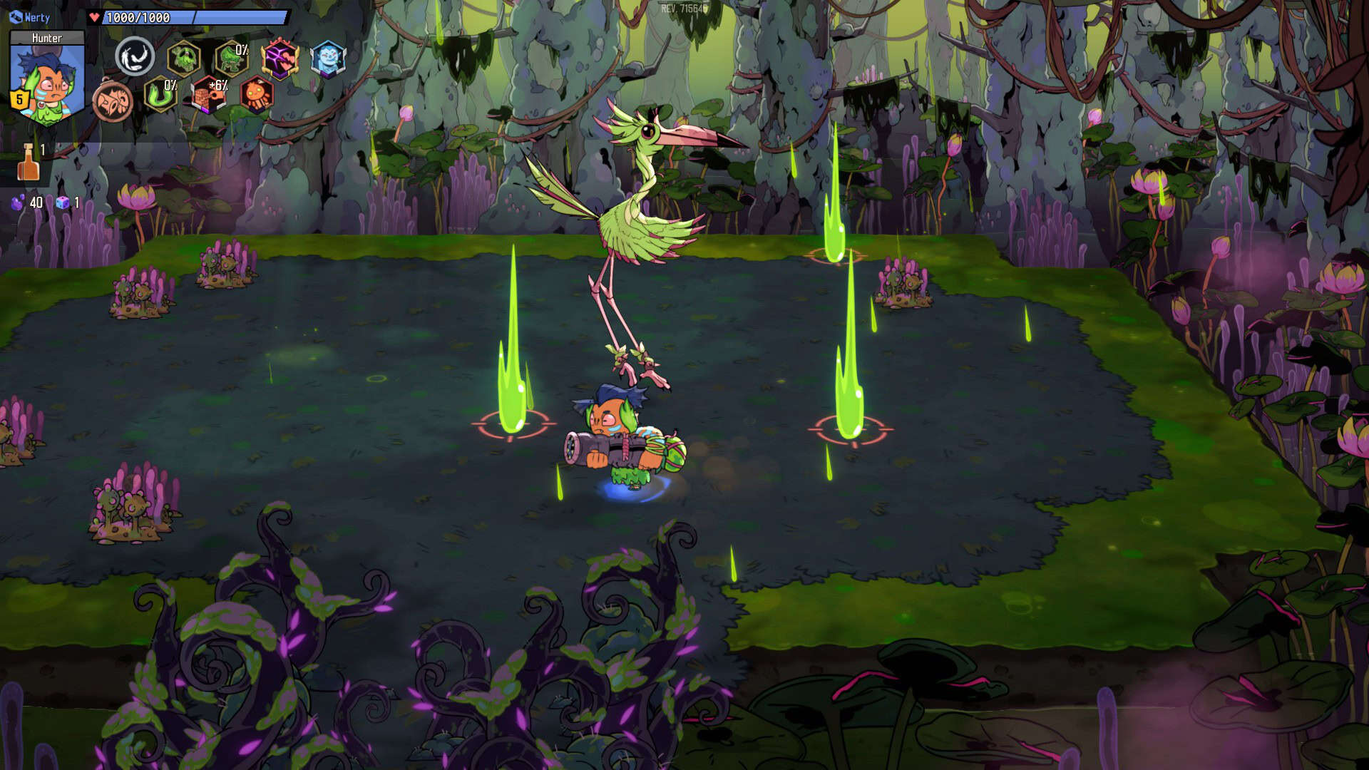 A green bird boss, with acid falling from the sky. The player character is carrying a big gun weapon.