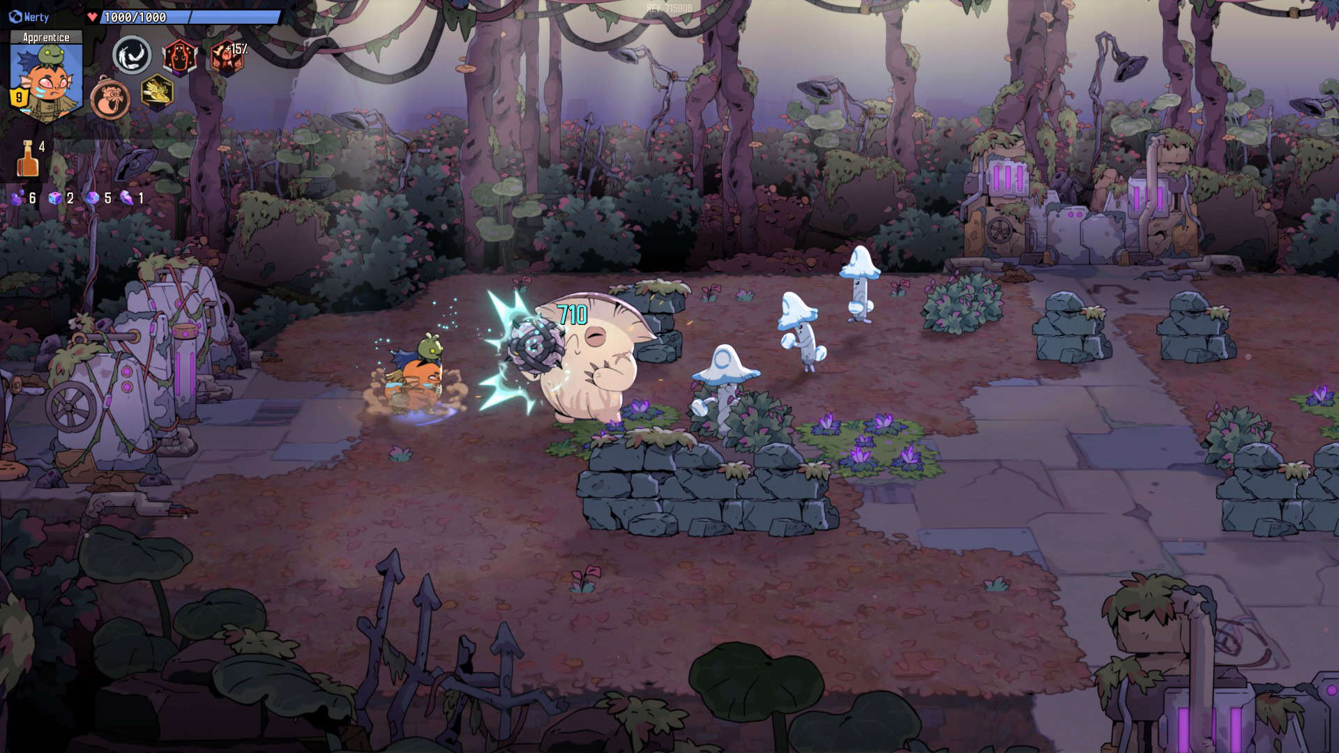 A big mushroom getting hit in the face with a ball thrown by an orange fish humanoid, smaller blue mushrooms behind the big one