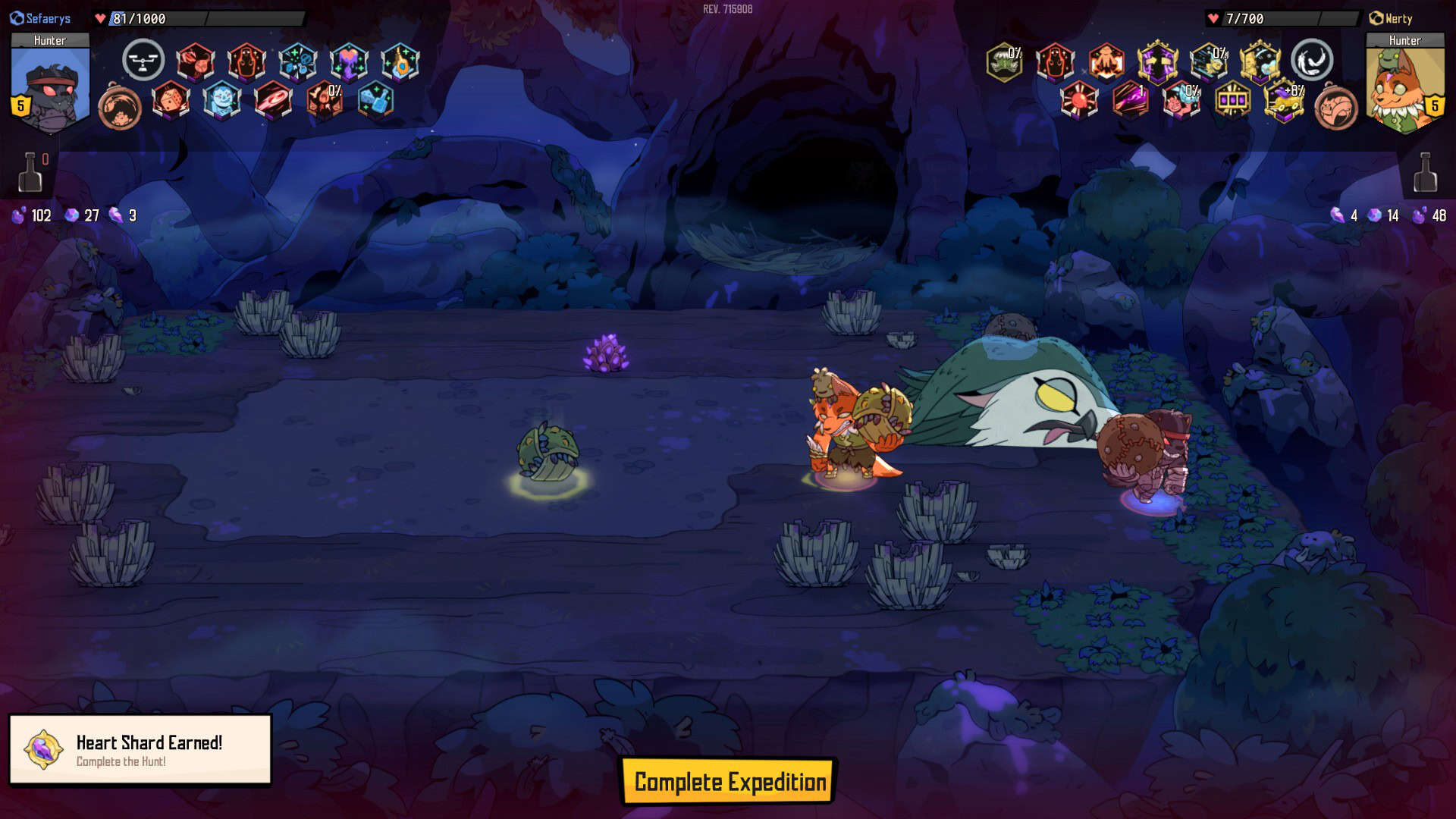 Two dog characters in a visible damage state stand above a defeated owl boss