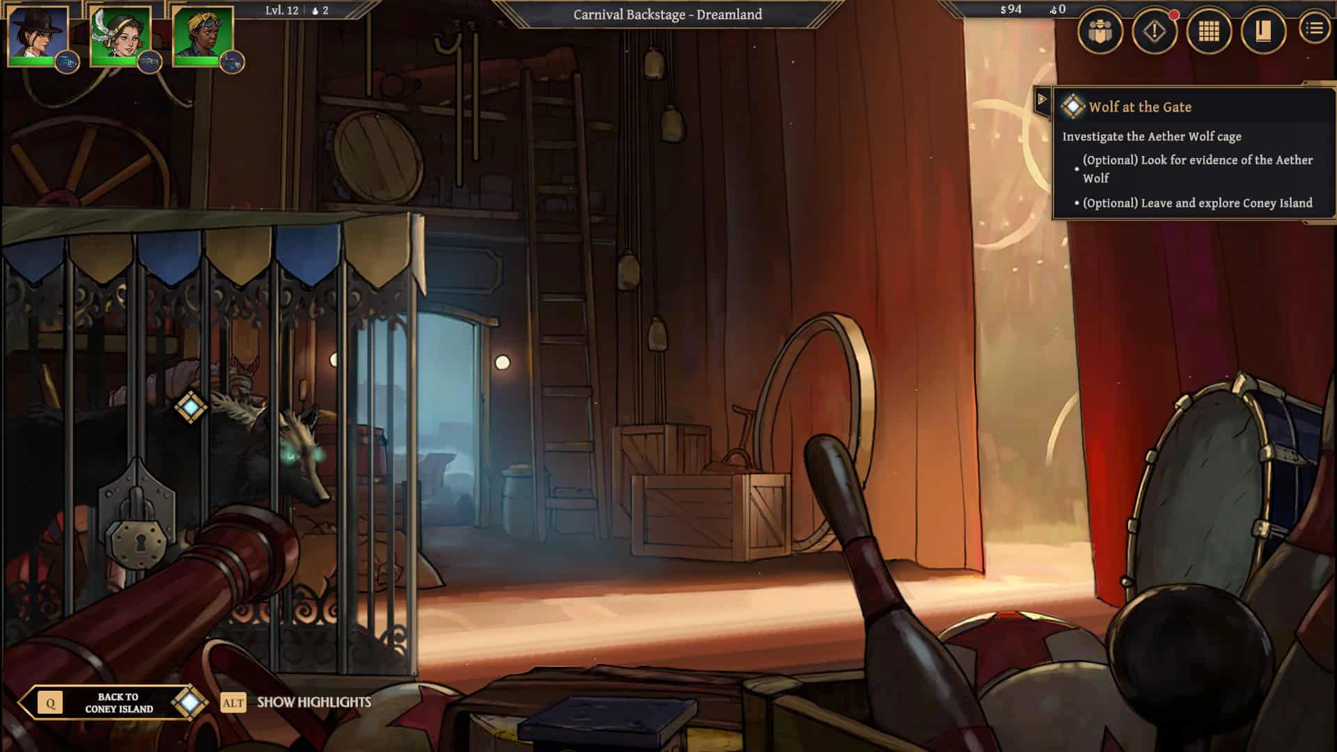 A wolf with glowing eyes inside a cage in a circus tent
