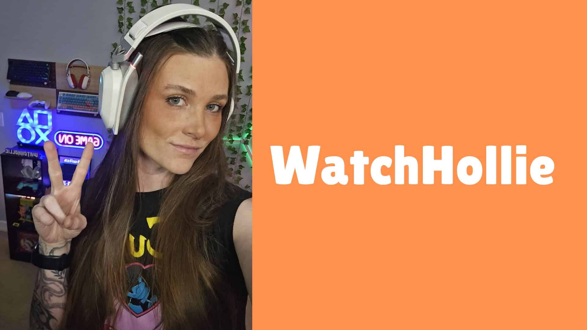 A decorative image of streamer WatchHollie. Her portrait is on the left with her name on the right. 