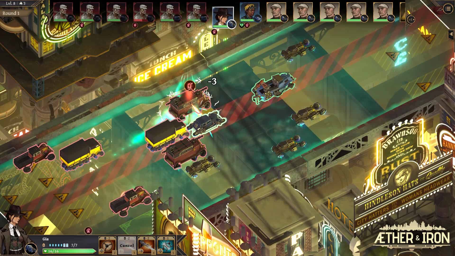 A grid of cars battle on a futuristic city grid.