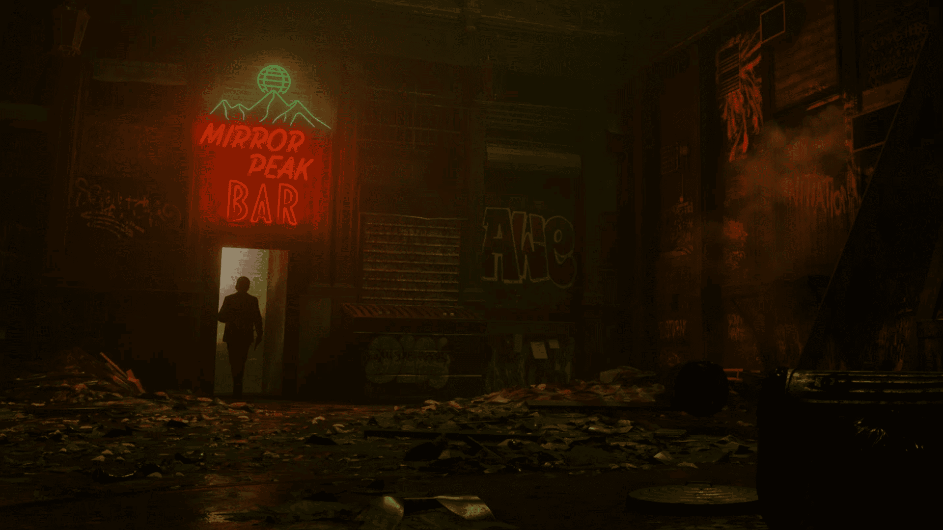 Alan Wake 2 stood in a doorway lit by a neon sign PS5 Pro screenshot