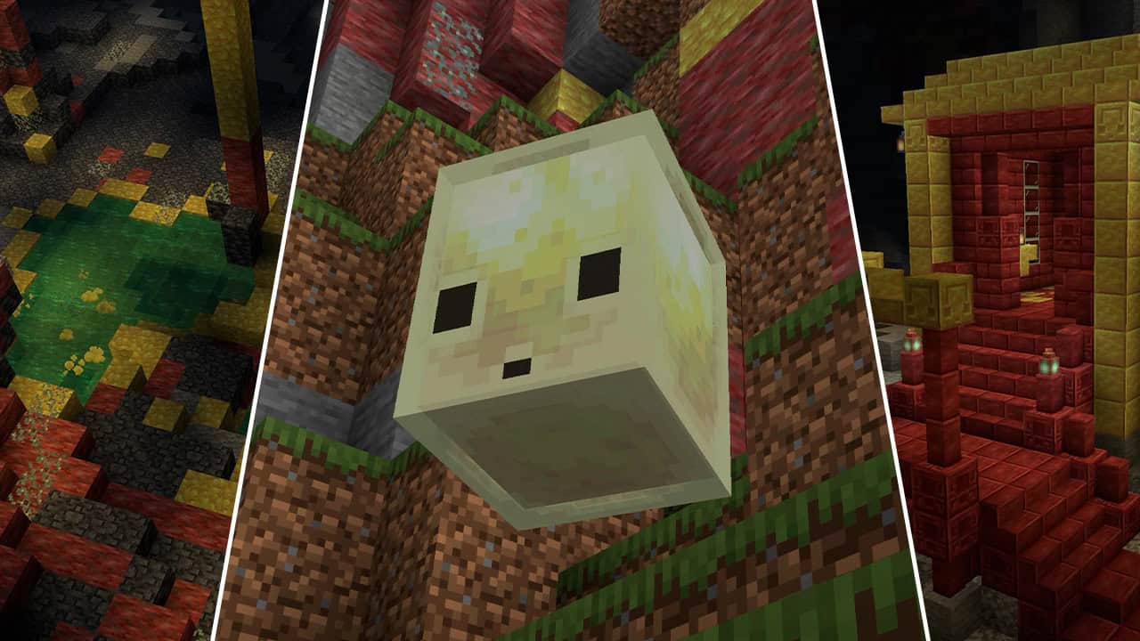 Picture of the new sulfur caves biome, the new mob, which is a yellow sulfur cube, and some new sulfur block types