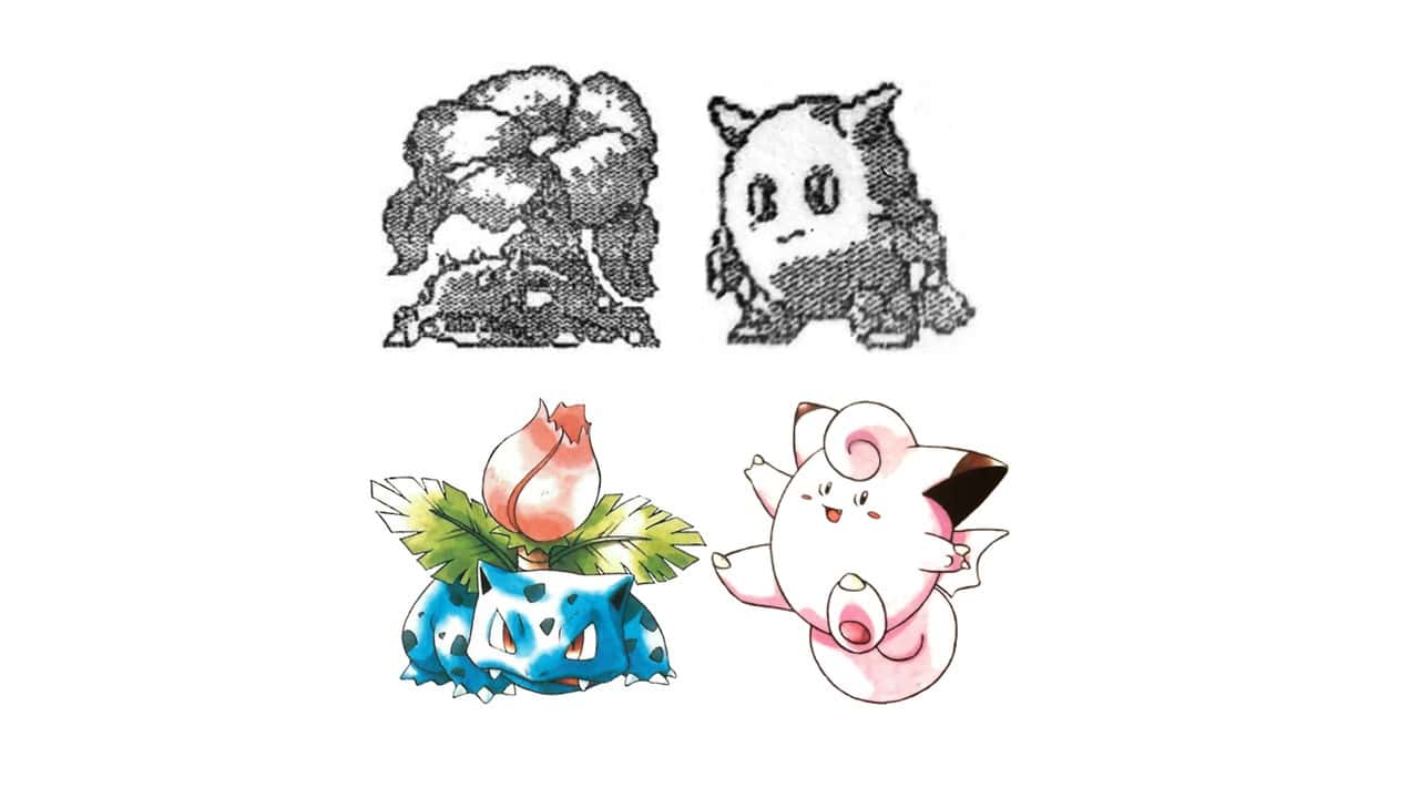 Original and final drawings of Ivysaur and Clefairy