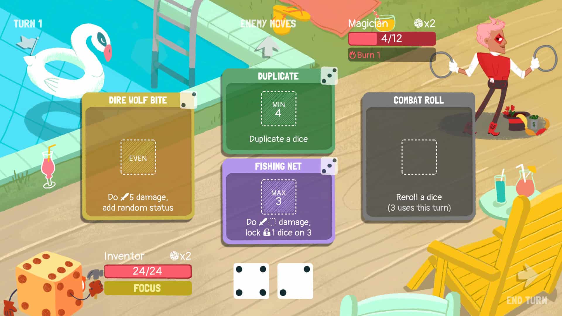 A screenshot of the combat screen from Dicey Dungeons, featuring various actions that require different dice numbers