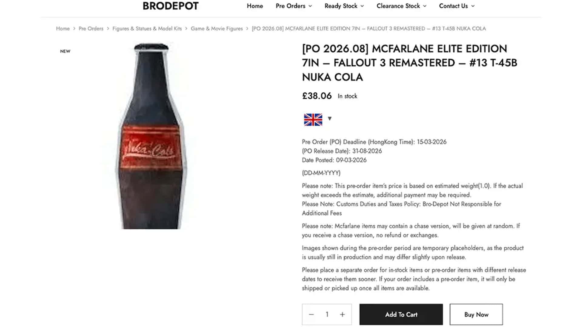 A screenshot of the Nuka Cola McFarlane Toy listing
