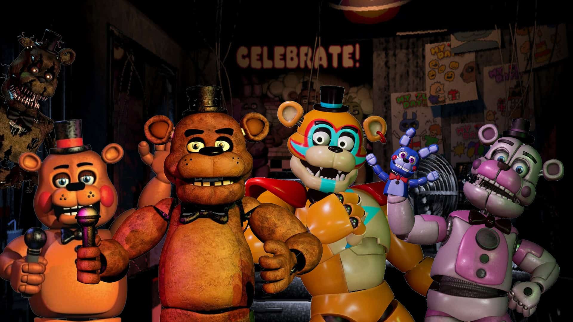 Five Nights at Freddy's classic office background with Nightmare Freddy, Toy Freddy, Freddy Fazbear, Glamrock Freddy and Funtime Freddy superimposed on top