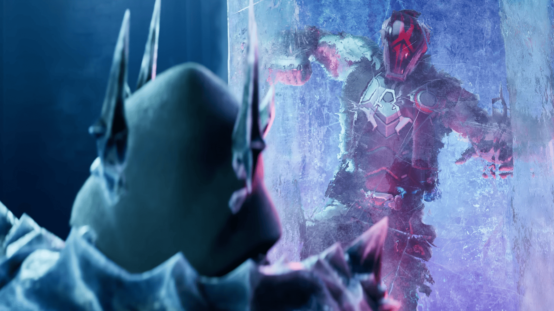 Fortnite Showdown trailer screenshot showing the Ice King watching over a frozen the Foundation
