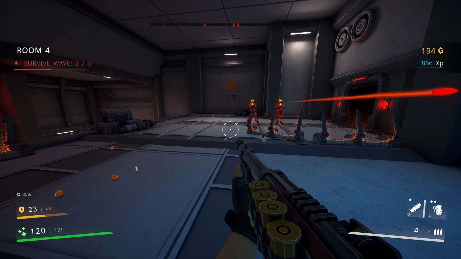 Fighting enemies with a shotgun in Galactic Vault.