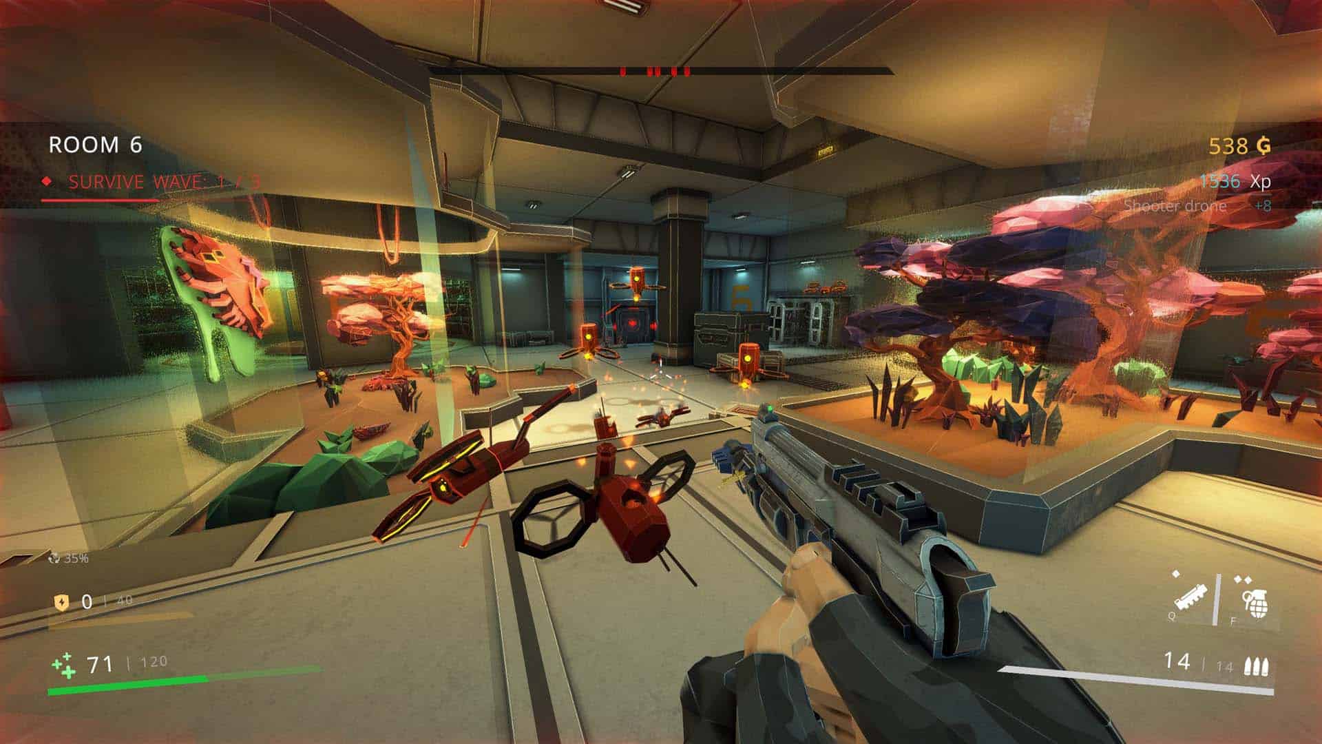 Fighting flying robots in Galactic Vault.