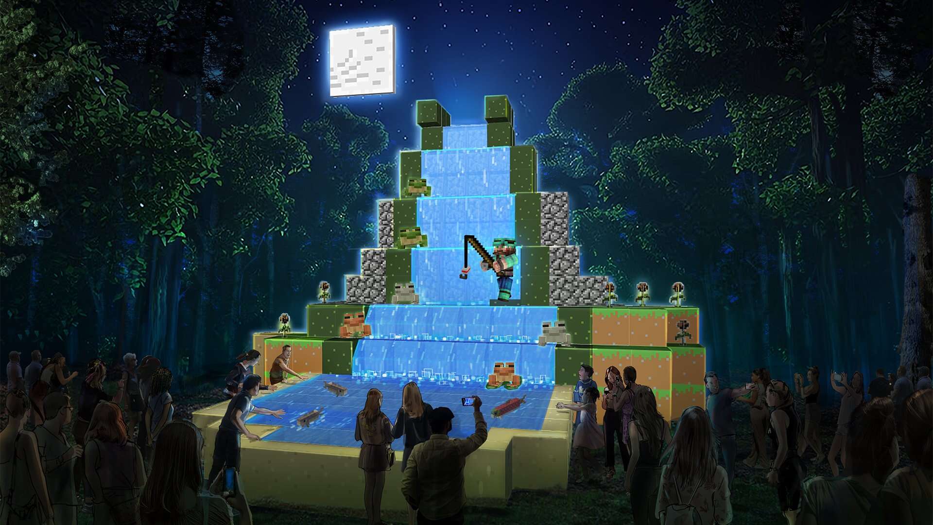 Animated Minecraft: Moonlight Trail idealization with generated people looking at a Minecraft area.